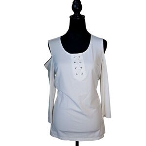 Susan Graver White Cold Shoulder Blouse